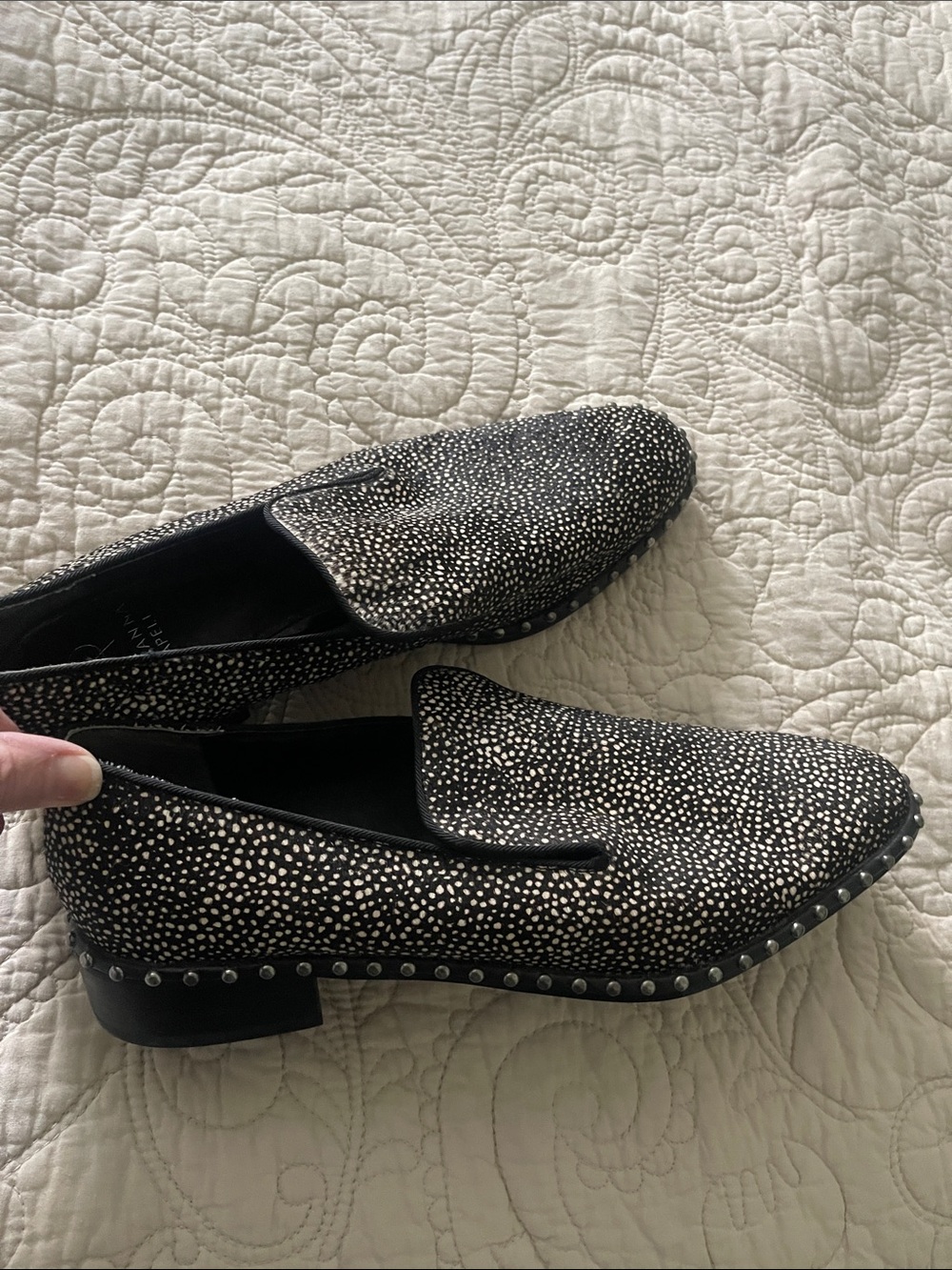 Adrianna Papell dark brown calf hair & White Studded Slip-On Loafers